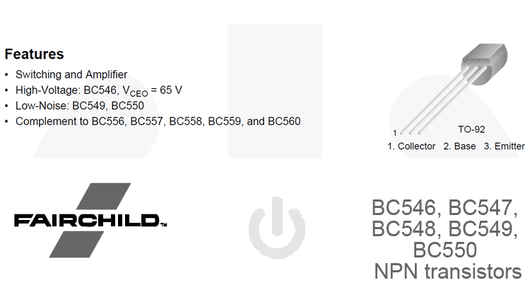 BC546, BC547, BC548, BC549, BC550 NPN transistors PDF manual