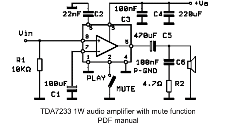 TDA7233 1W audio amplifier with mute function PDF manual
