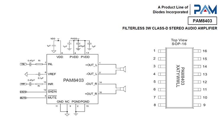 PAM8403 FILTERLESS 3W CLASS-D STEREO AUDIO AMPLIFIER