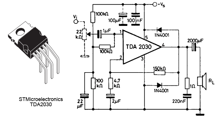 TDA 2030 low frequency class-AB amplifier (STMicroelectronics)